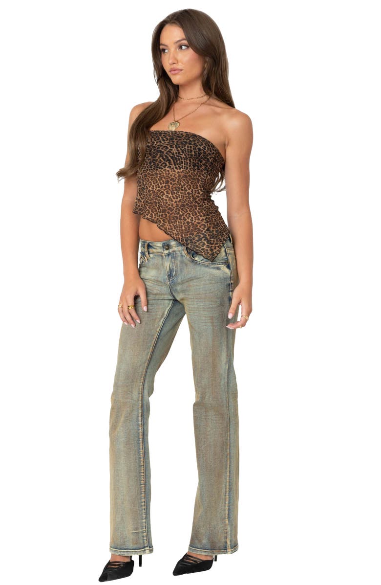 EDIKTED Leopard Print Asymmetric Mesh Crop Top, Alternate, color, Leopard