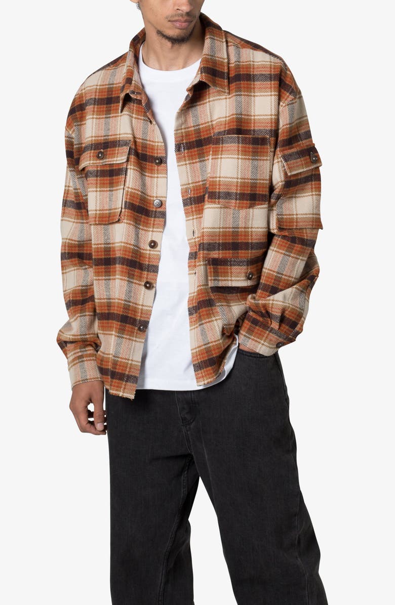 mnml Asymmetric Pocket Flannel Button-Up Shirt, Alternate, color, Brown