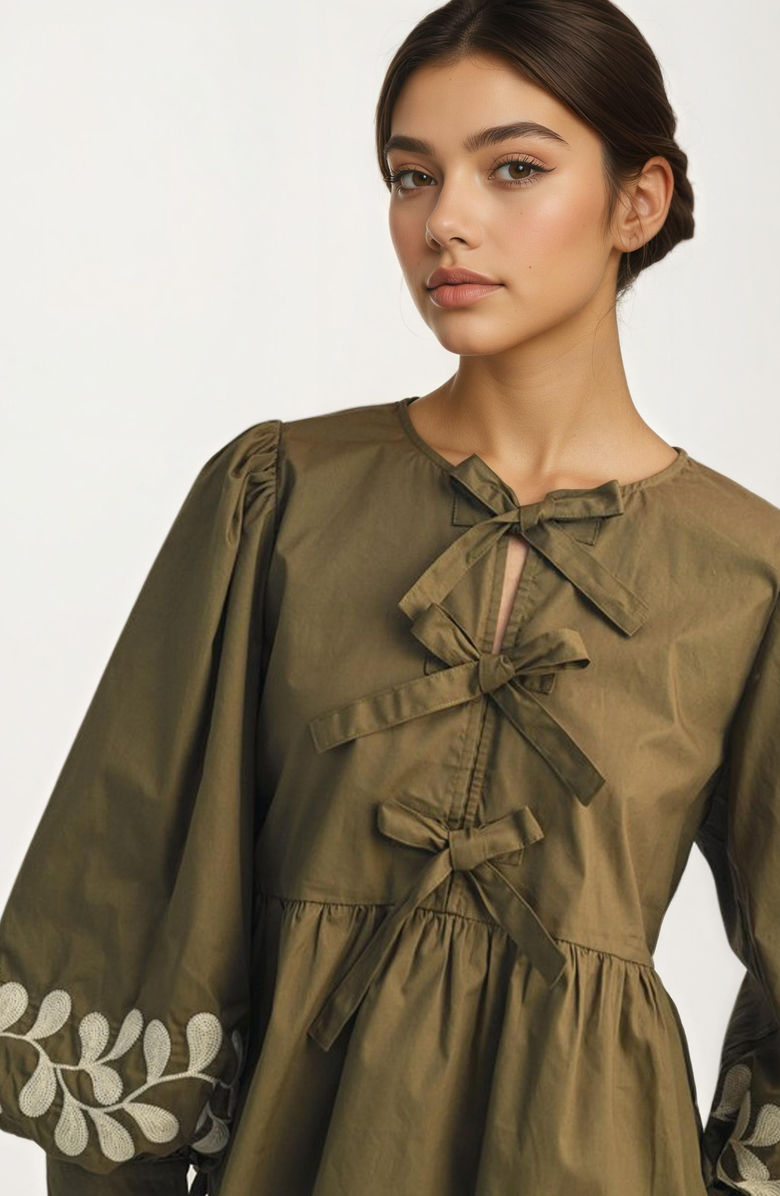 Knit and Lounge Bow Front Embroidered Balloon Sleeve Blouse, Alternate, color, 