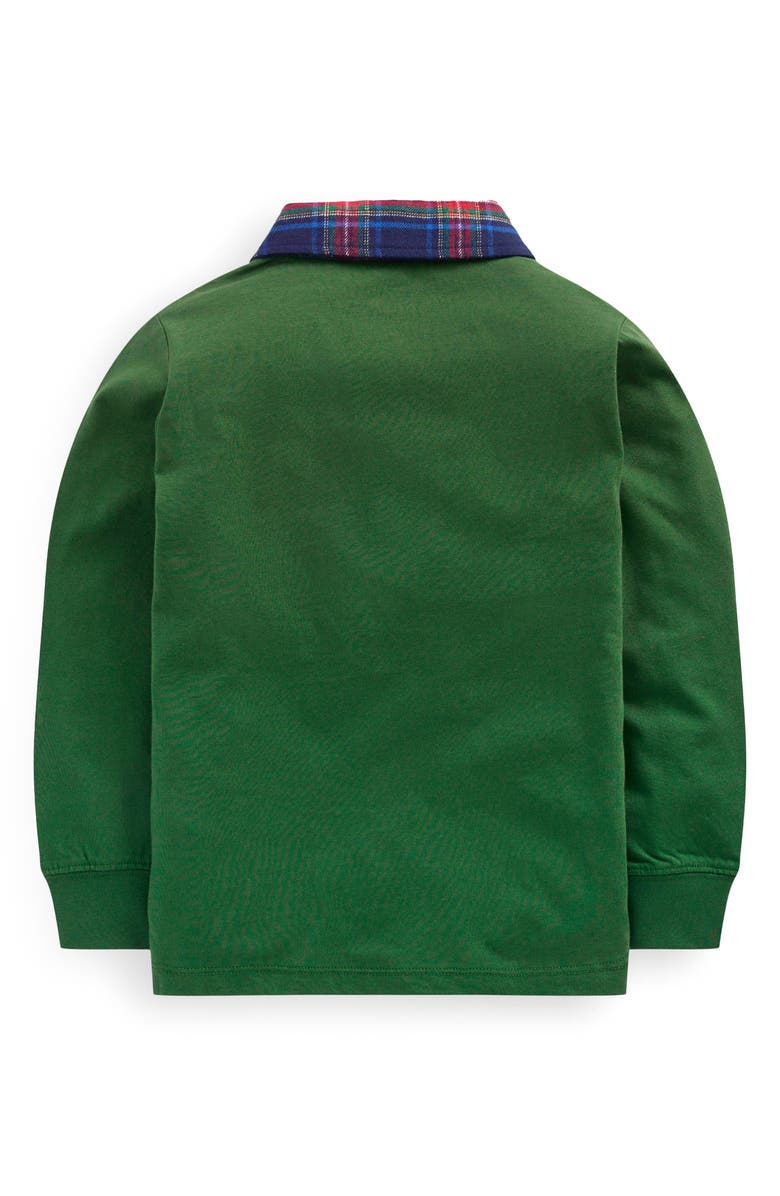 Boden Kids' Plaid Collar Long Sleeve Polo, Alternate, color, Pine Green