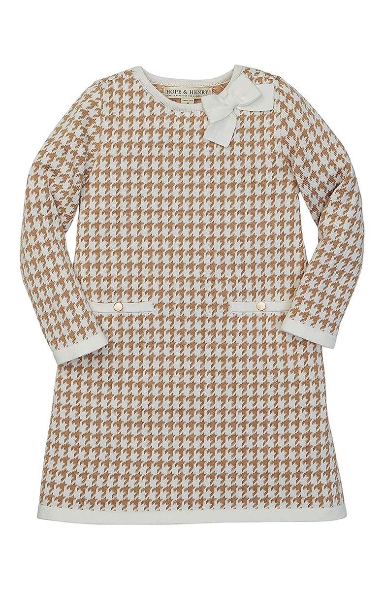 Hope & Henry Kids' Organic Long Sleeve Bow Detail Intarsia Sweater Dress, Alternate, color, Tan Houndstooth