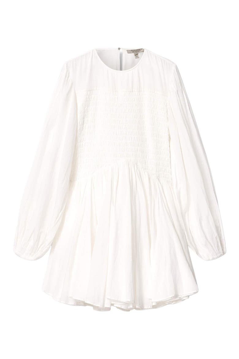 Chia Smock Bodice Long Sleeve Cotton Blend Minidress, Alternate, color, WHITE