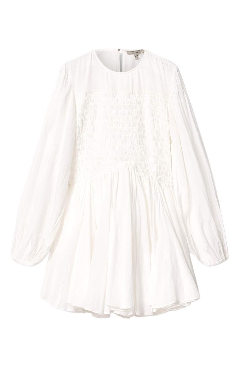 AllSaints Chia Smock Bodice Long Sleeve Cotton Blend Minidress, Alternate, color, White
