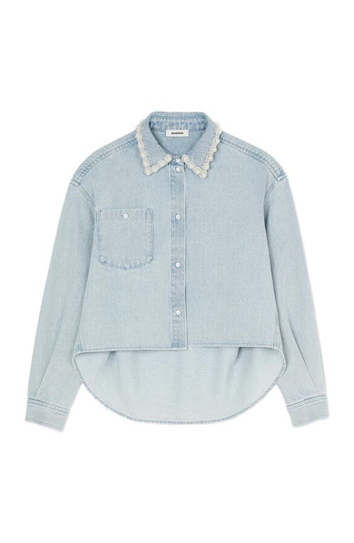 Sandro Denim Shirt With Beaded Collar In Light Bu Jean