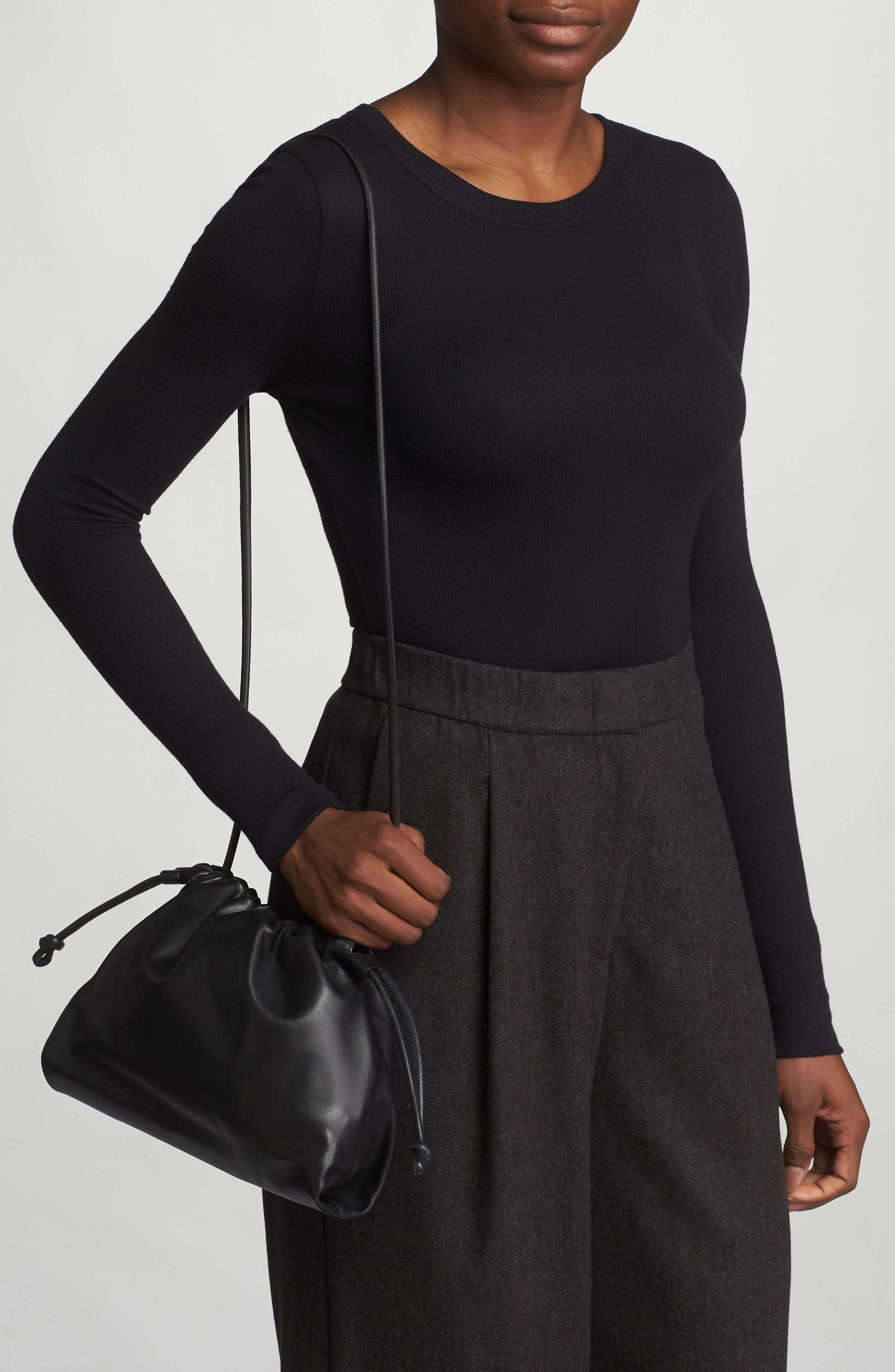 Drawstring Leather Bucket Bag, Alternate, color, BLACK DARK