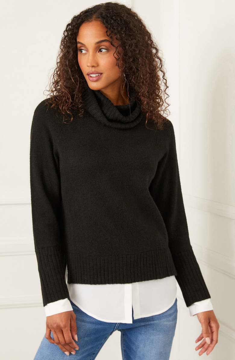 Karen Kane Mixed Media Layered Turtleneck Sweater, Alternate, color, Black