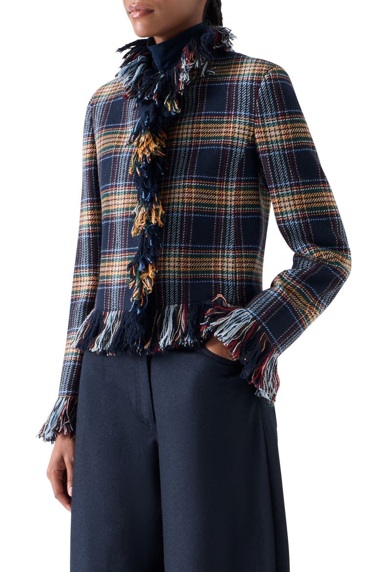 Plaid Tweed Jacket with Fringe, Alternate, color, NAVY