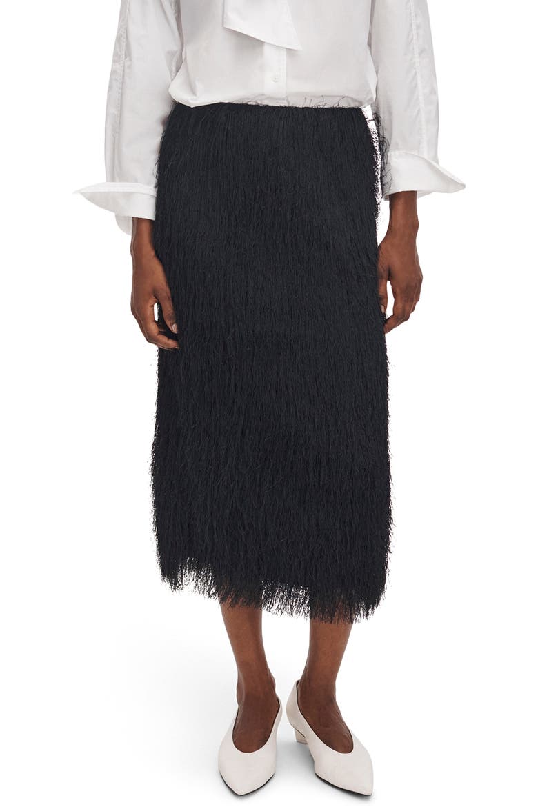 Amalia Eyelash Fringe Midi Skirt, Main, color, BLACK