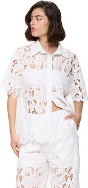 Gottex Guipure Lace Short Sleeve Button Down Shirt Cover-Up
