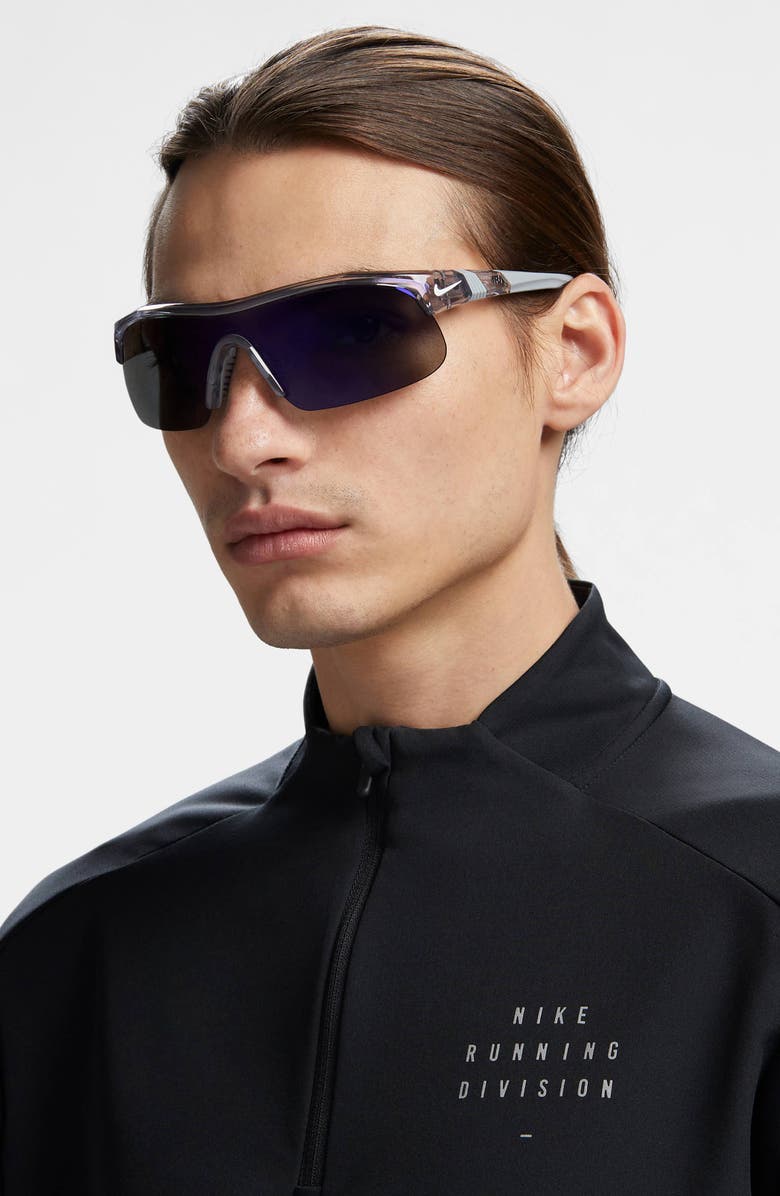 Nike Show X1 58mm Wraparound Sunglasses, Alternate, color, Shiny Wolf Grey/ Blue Mirror