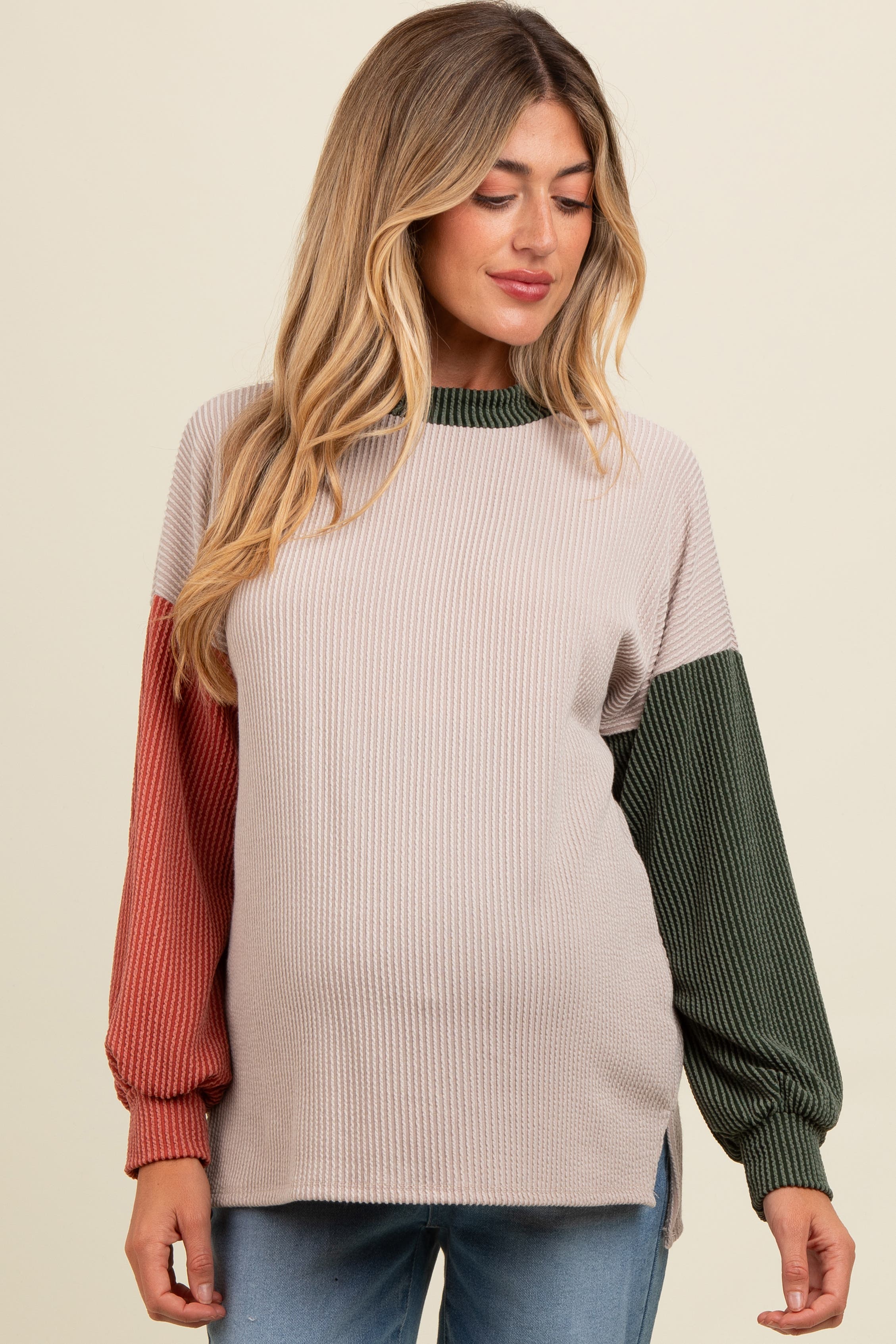 Ribbed Colorblock Side Slit Top - image 2