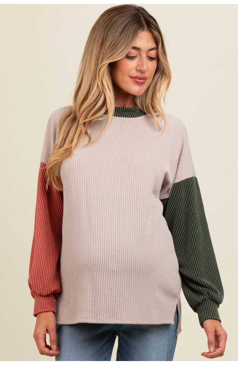 PinkBlush Ribbed Colorblock Side Slit Top, Alternate, color, Taupe