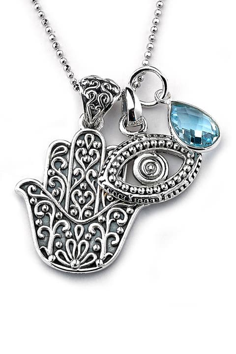 Sterling Silver Hamsa, Evil Eye & Blue Topaz Charm Necklace