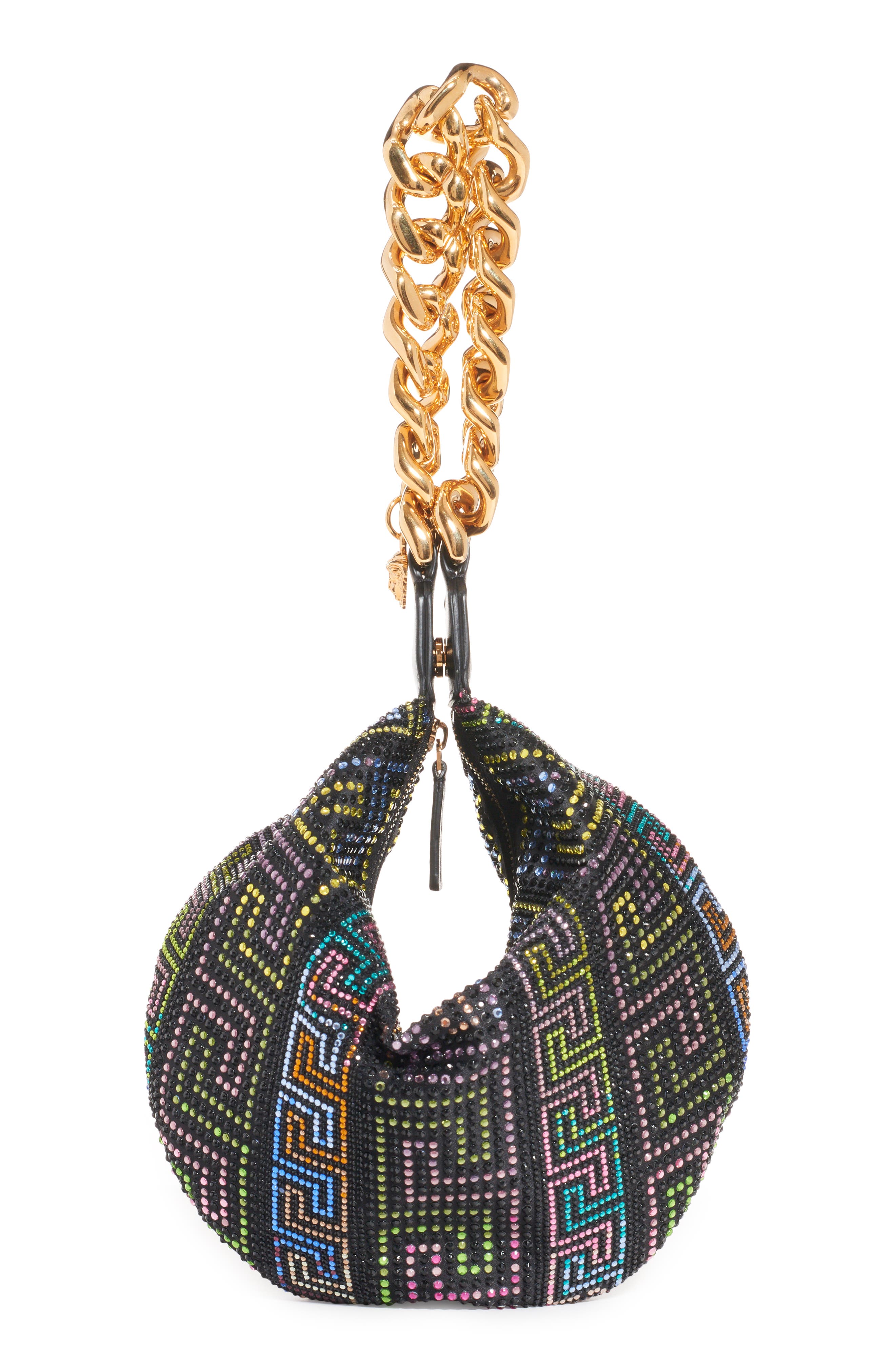 Versace Greca Crystal Embellished Convertible Hobo Bag, Alternate, color, 