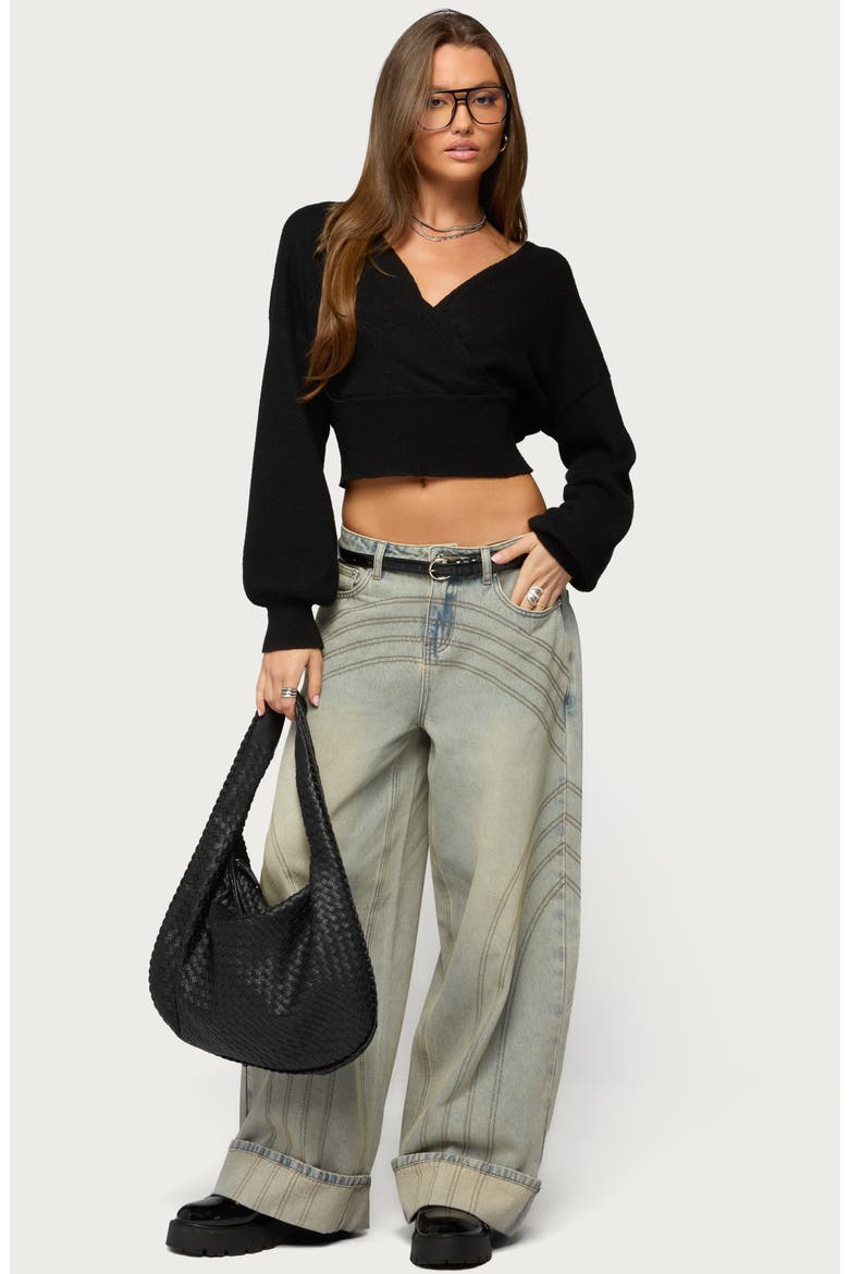 Lillia V-Neck Wrap Crop Sweater, Alternate, color, BLACK