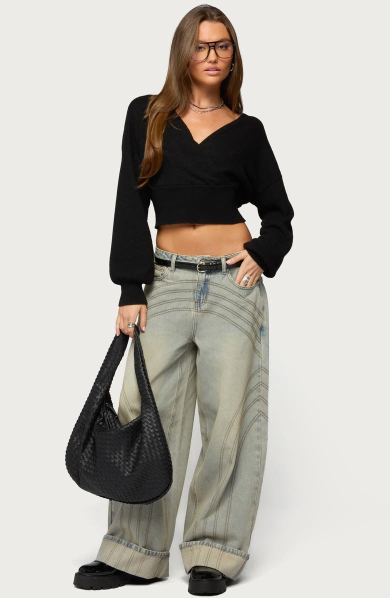 EDIKTED Lillia V-Neck Wrap Crop Sweater, Alternate, color, Black