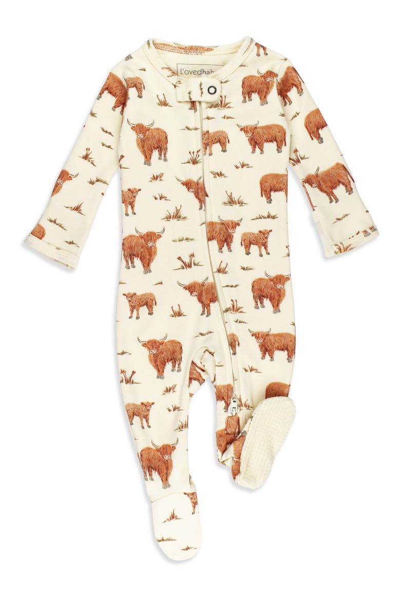 Print Organic Cotton Zip Footie, Main, color, HIGHLAND COW
