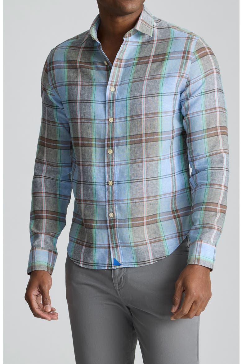 Plaid Wrinkle Resistant Linen Button-Up Shirt, Main, color, BLUE