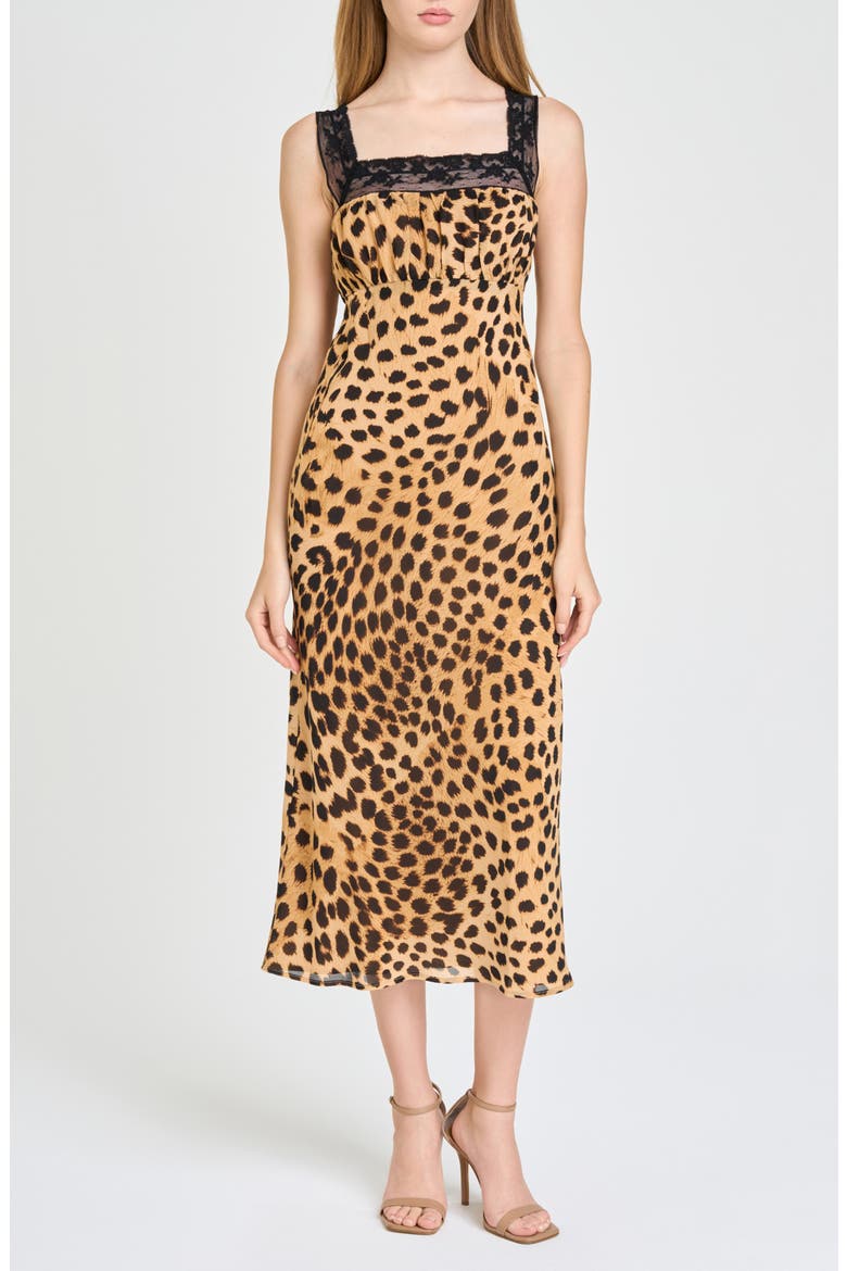 Gabrielle Lace Trim Midi Dress, Main, color, TAN CHEETAH