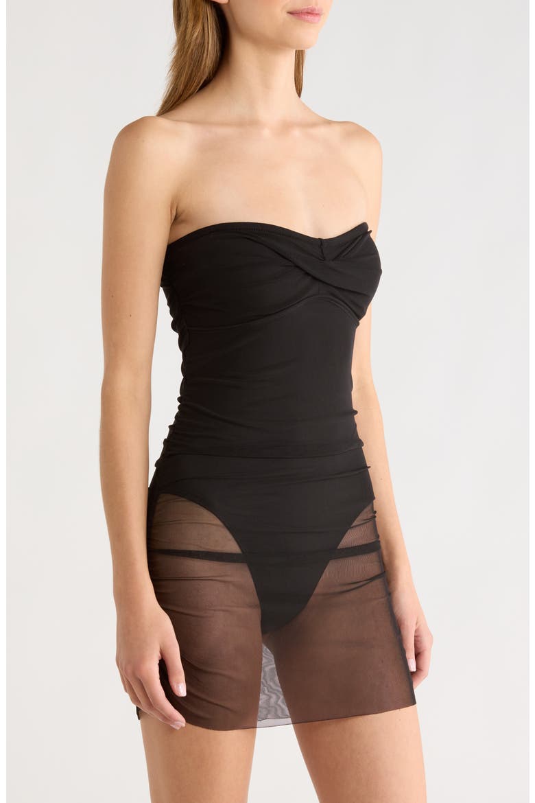 Radlee Strapless Mesh Overlay Skirted One-Piece Swimsuit, Alternate, color, BLACK SOLID