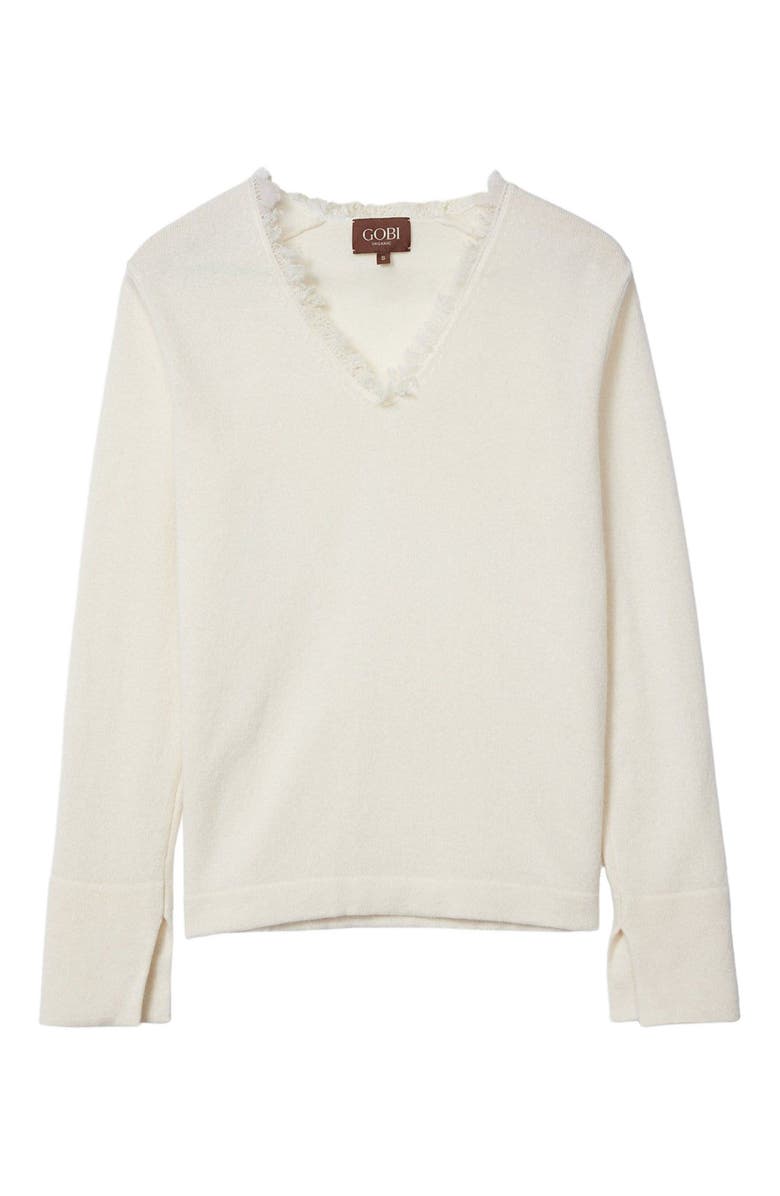 GOBI Mongolian Cashmere Fringed V-Neck Cashmere Sweater, Alternate, color, Off White