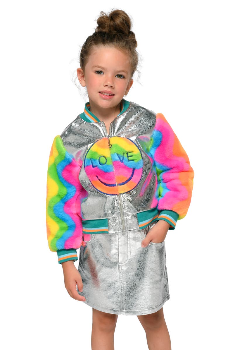 Truly Me Kid's Happy Face Embellished Faux Fur Fleece & Metallic Bomber Jacket, Alternate, color, 