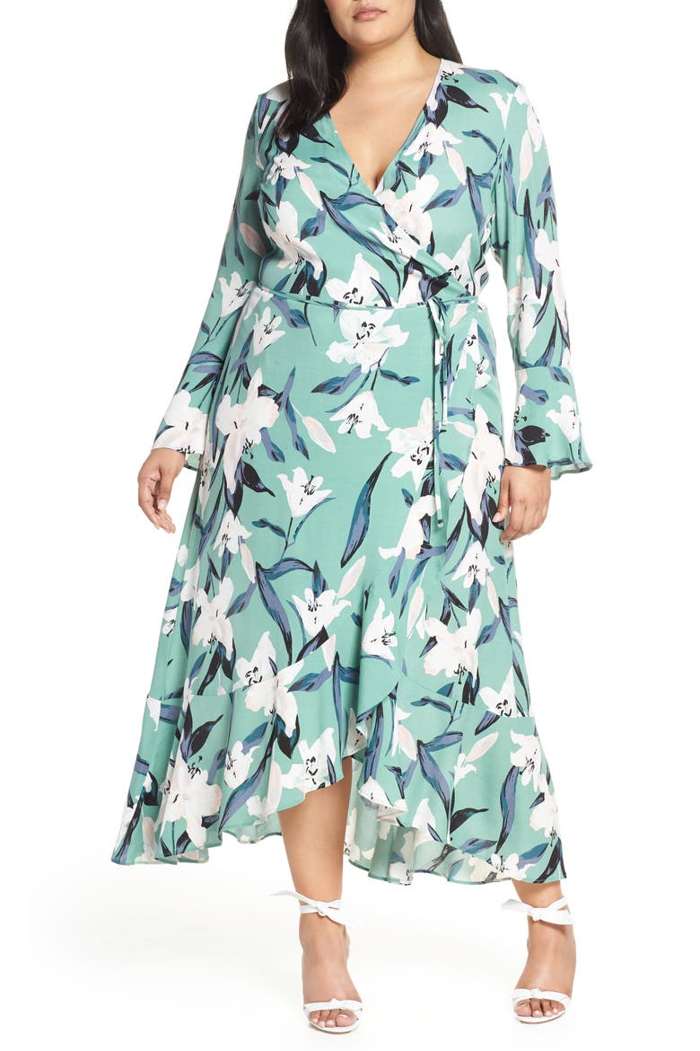 Bell Sleeve Wrap Midi Dress, Main, color, GREEN WING ROMANTIC FLR