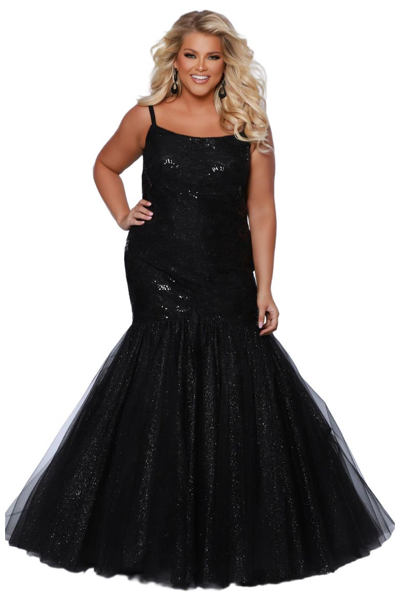 Mermaid Scoop Neck Plus Size Evening Gown, Alternate, color, Black