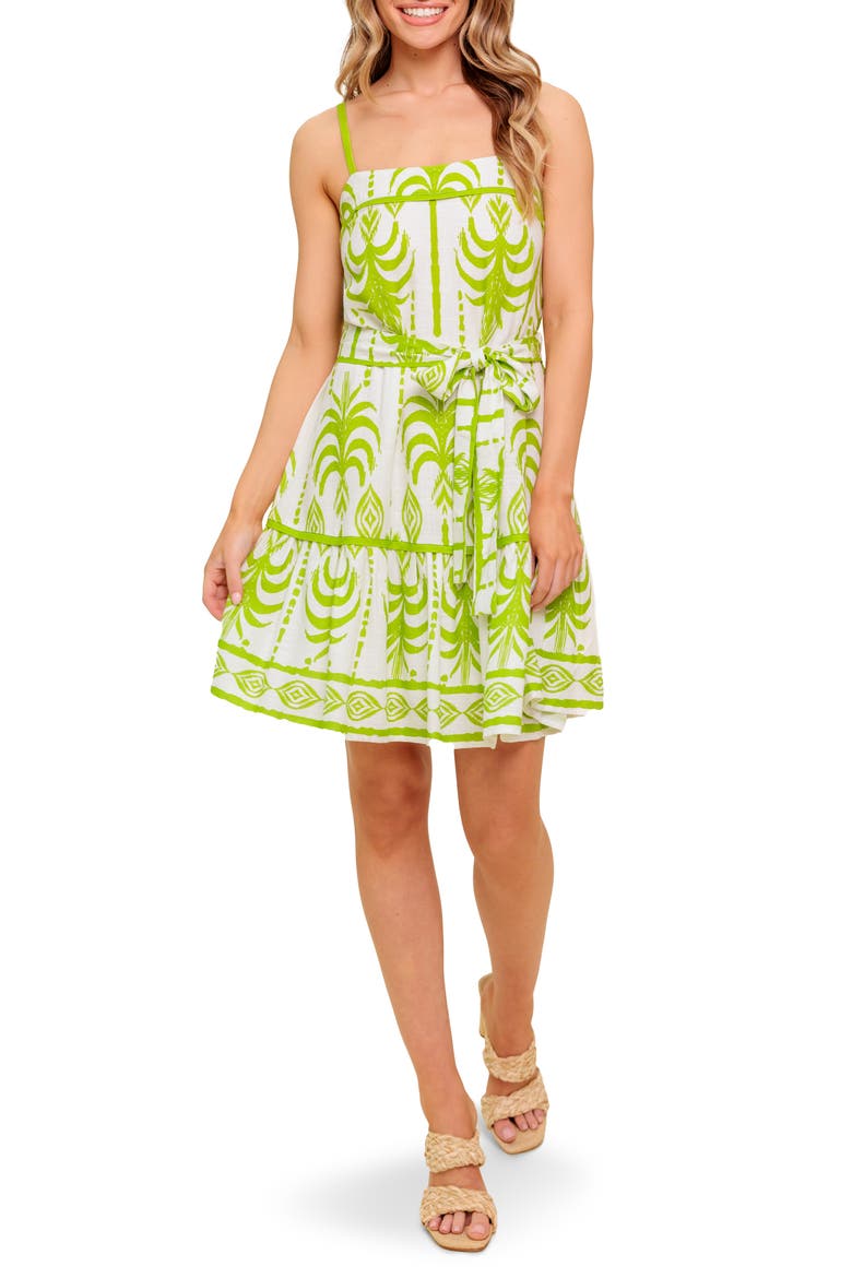 Abstract Frond Belted Linen Minidress, Main, color, IVORY GREEN
