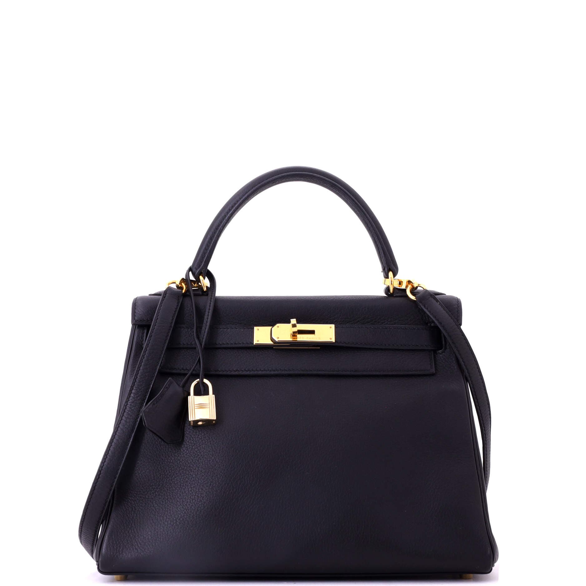 Pre-Owned Hermes Kelly Handbag Black Clemence with Gold Hardware 28, Main, color, Noir