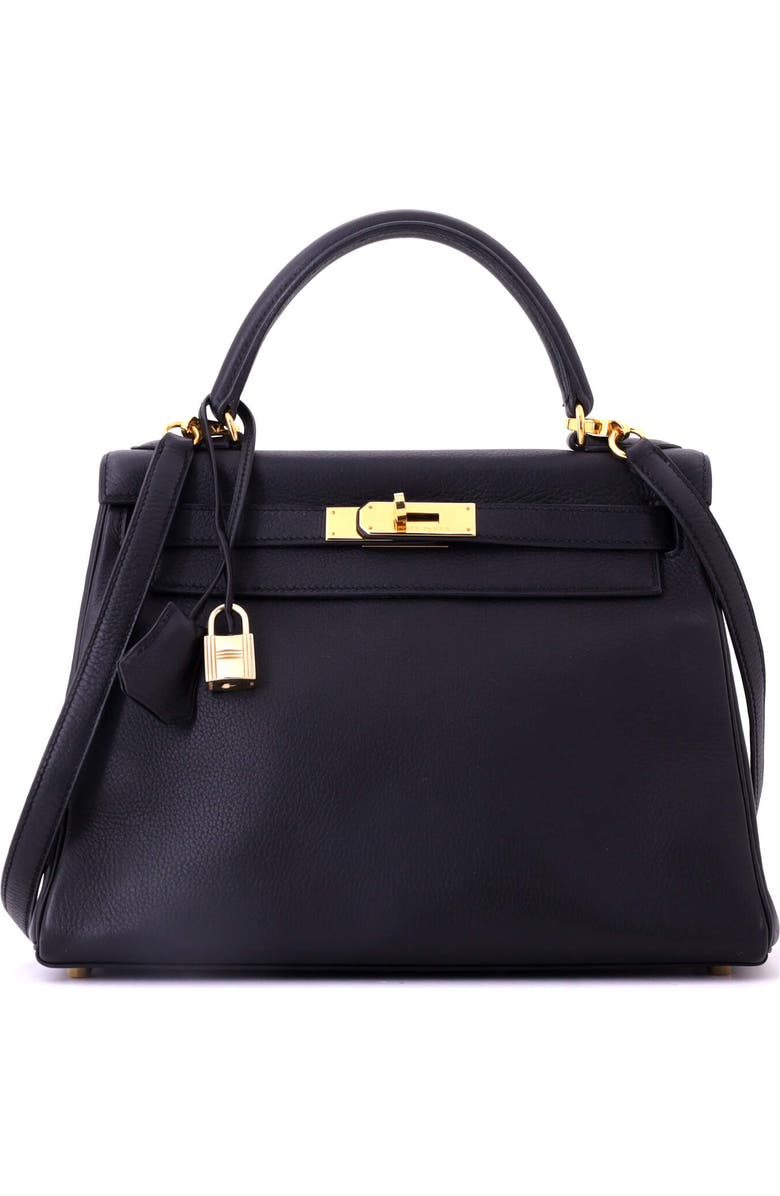 Pre-Owned Hermes Kelly Handbag Black Clemence with Gold Hardware 28, Main, color, Noir