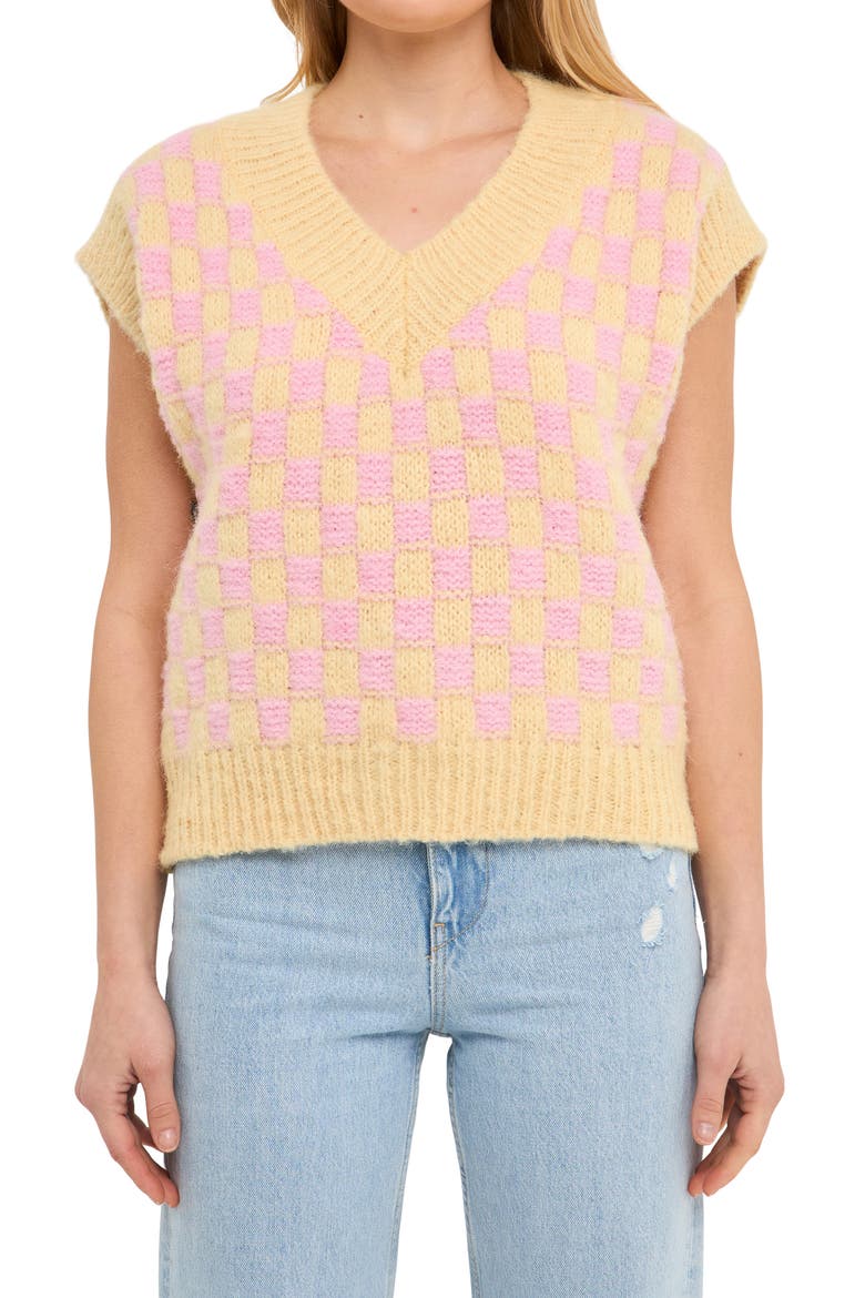 Check Sweater Vest, Main, color, PINK/ YELLOW