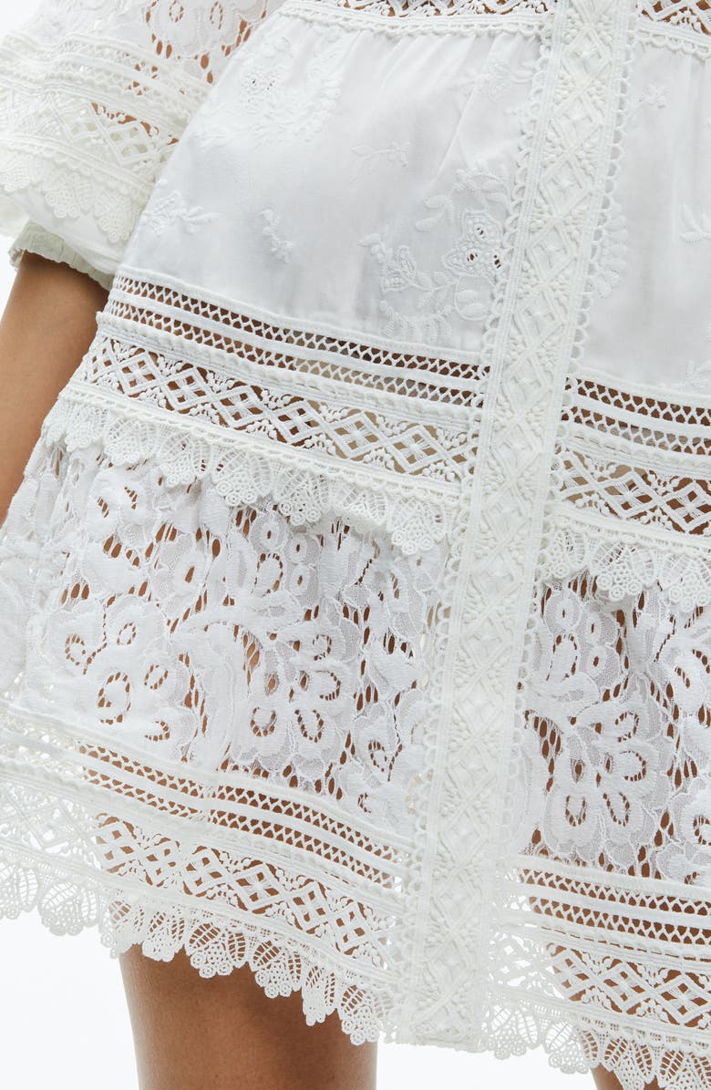 Alice + Olivia Cailin Mixed Lace Tiered Cotton Minidress, Alternate, color, 