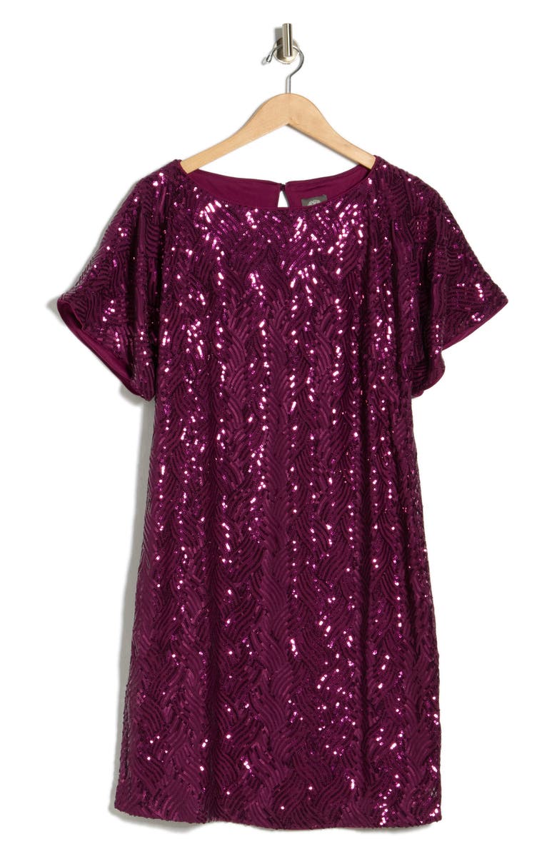 Vince Camuto Sequin Short Sleeve Shift Dress, Alternate, color, Wine