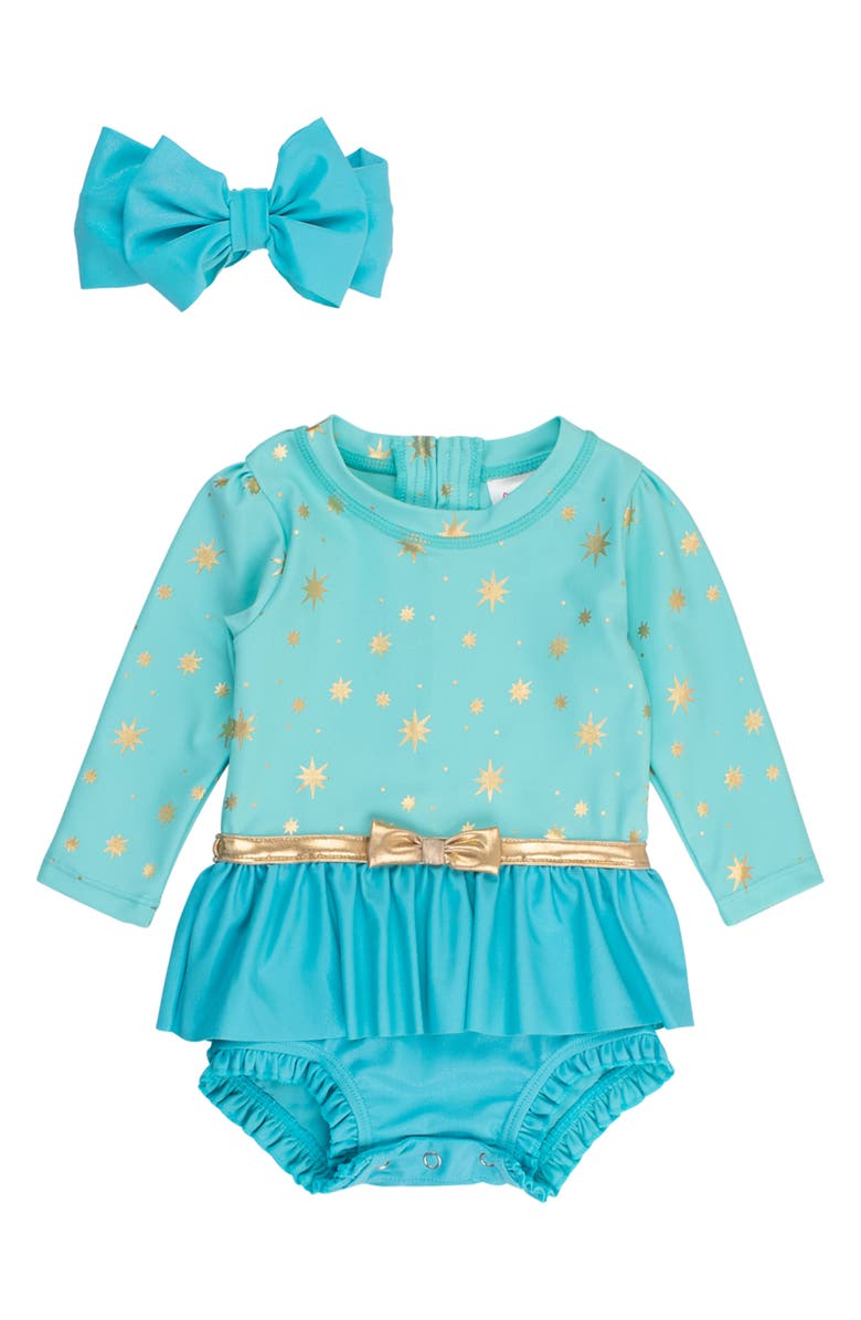 RuffleButts Golden Princess One-Piece Rashguard Swimsuit & Bow Head Wrap Set, Main, color, Blue