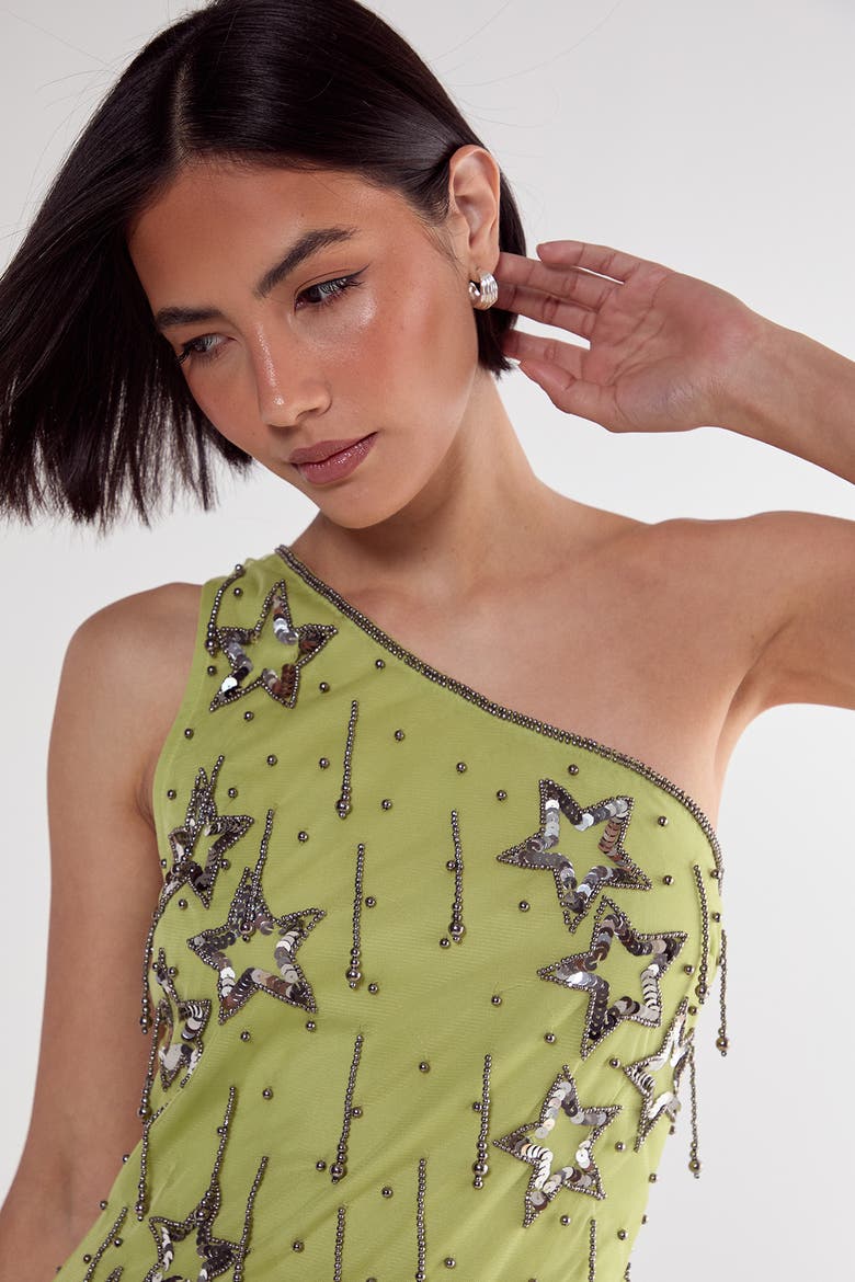 Tassel One Shoulder Sequin Mini Dress, Alternate, color, Lime