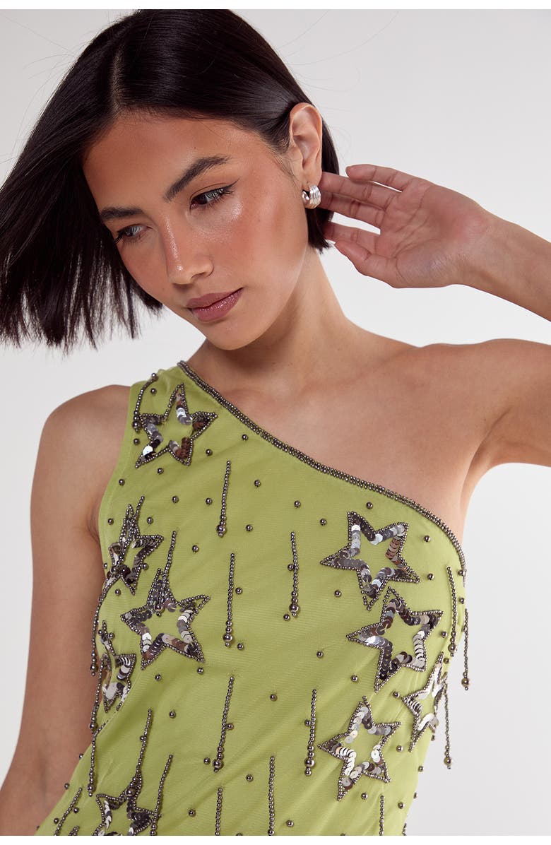 NASTY GAL Tassel One Shoulder Sequin Mini Dress, Alternate, color, Lime