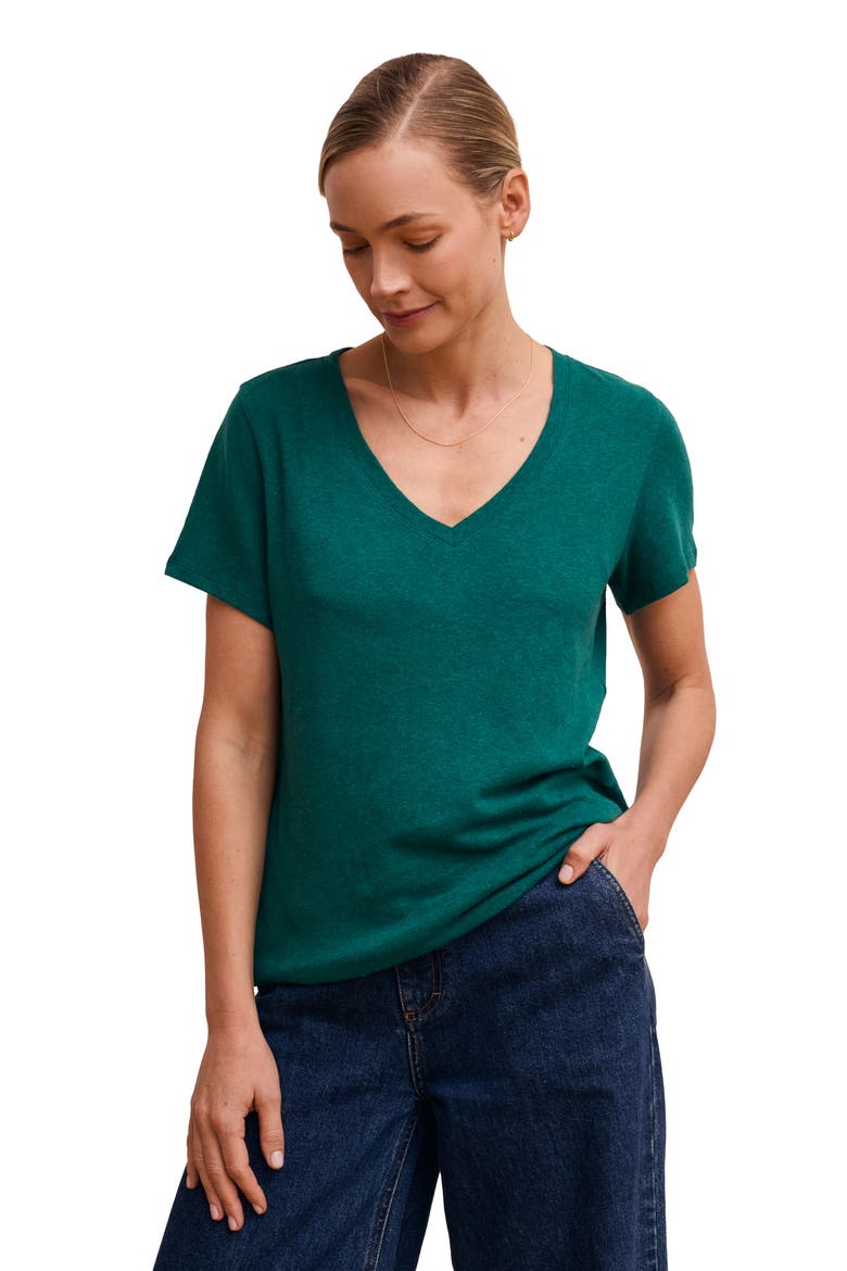 Relaxed V-Neck Linen Blend T-Shirt, Main, color, Teal