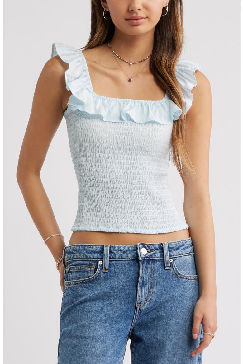 Smocked Ruffle Trim Tank, Main, color, BLUE BREEZE