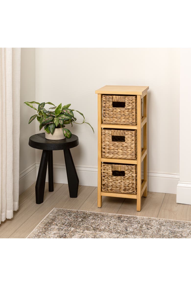 Cohen Coastal Handcrafted Pine Wood 3-Tier Storage Cabinet with 3 Water Hyacinth Woven Baskets, Alternate, color, Natural