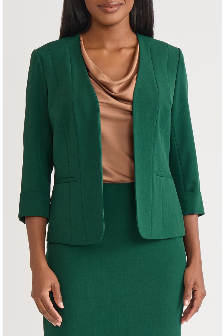 Three-Quarter Sleeve Open Front Seamed Blazer, Main, color, EVERGREEN