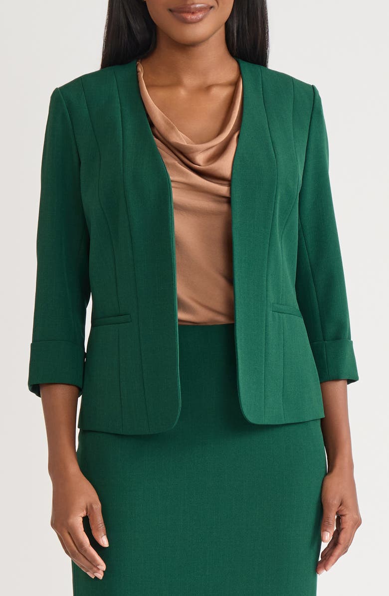 KASPER Three-Quarter Sleeve Open Front Seamed Blazer, Main, color, Evergreen