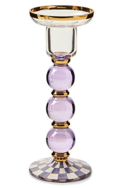 Violet Check Large Glass Candleholder