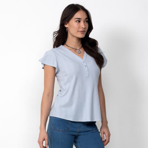 Single Stitch Flutter Sleeve Henley In Blue