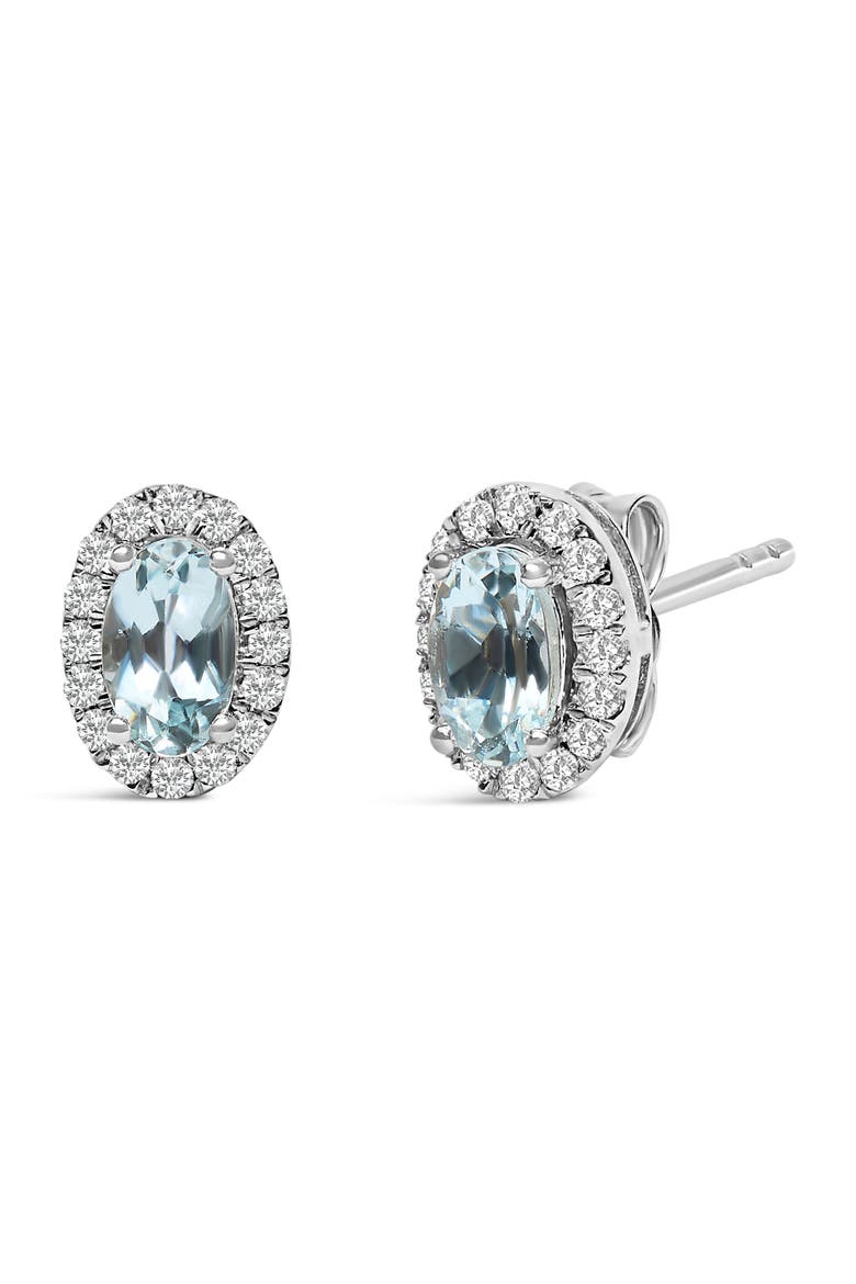 10K White Gold 5x3 MM Oval Cut Birthstone and Diamond Halo Stud Earrings, Alternate, color, Blue Aquamarine