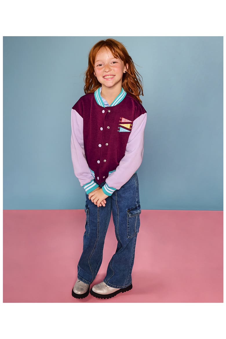 Girls Varsity Bomber Jacket, Main, color, Pennant/Plum/Purple