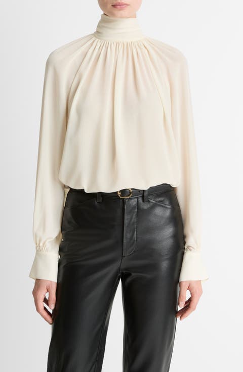 Draped Ruffle Mock Neck Crepe Top
