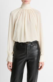 Vince Draped Ruffle Mock Neck Crepe Top