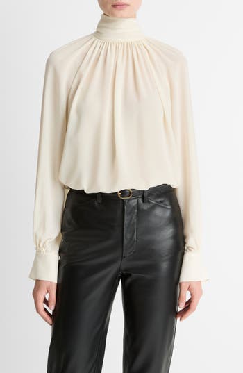 Vince Draped Ruffle Mock Neck Crepe Top in Cream at Nordstrom Rack, Size Xx-Small