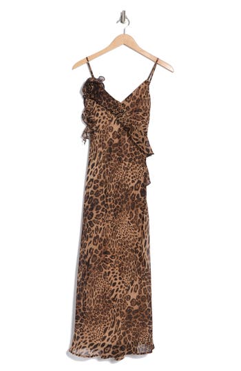 Lush Rosette Ruffle Body-con Midi Dress In Leopard